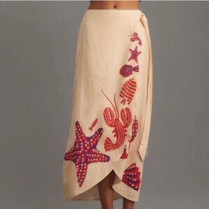 FARM Rio Cream and Red Sarong Skirt with Sea Creature Motifs